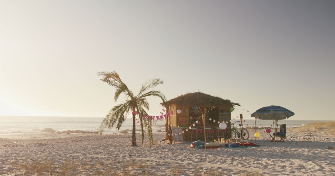 Beach Tiki Hut with Decor, Palm Trees, and Bicycle at Sunset - Free Images, Stock Photos and Pictures on Pikwizard.com