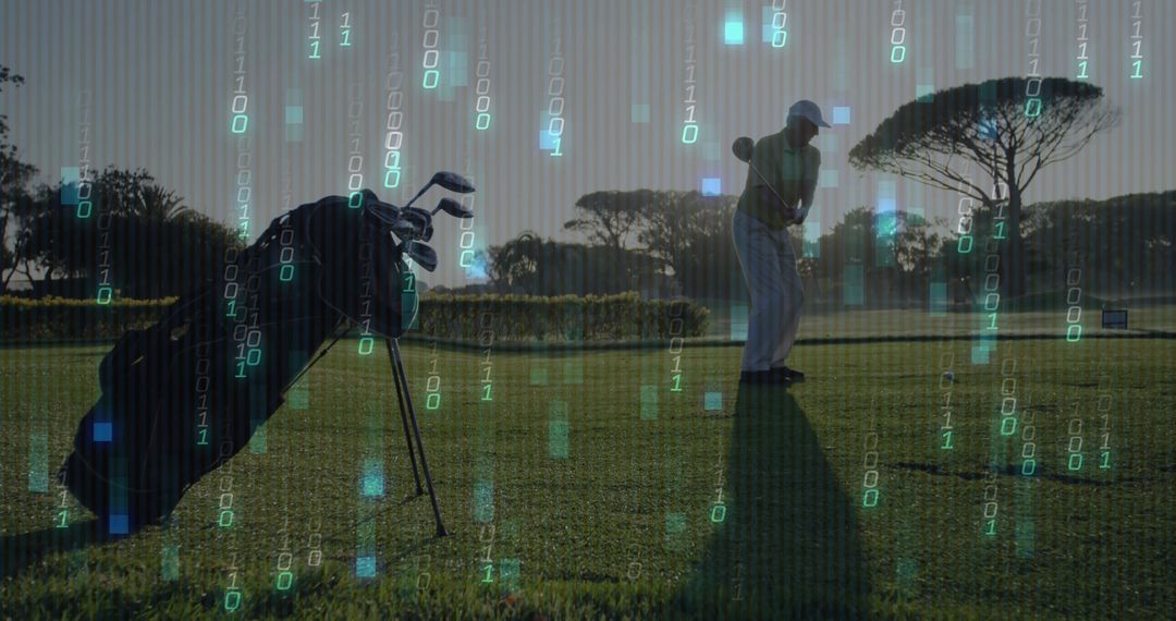 Senior Man Swinging Golf Club with Digital Binary Overlay