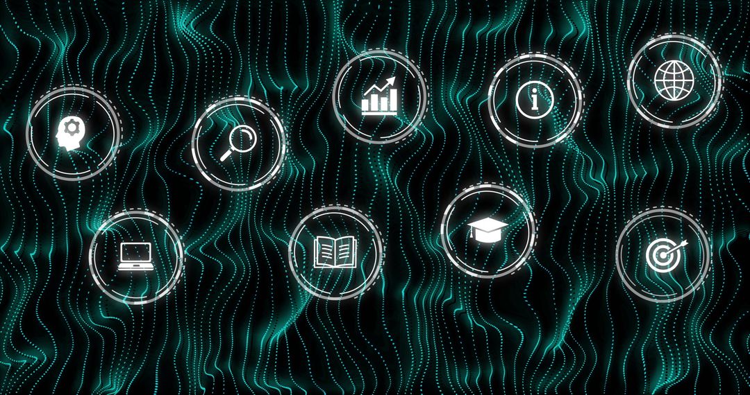 Futuristic Digital Icons on Dynamic Wave Background