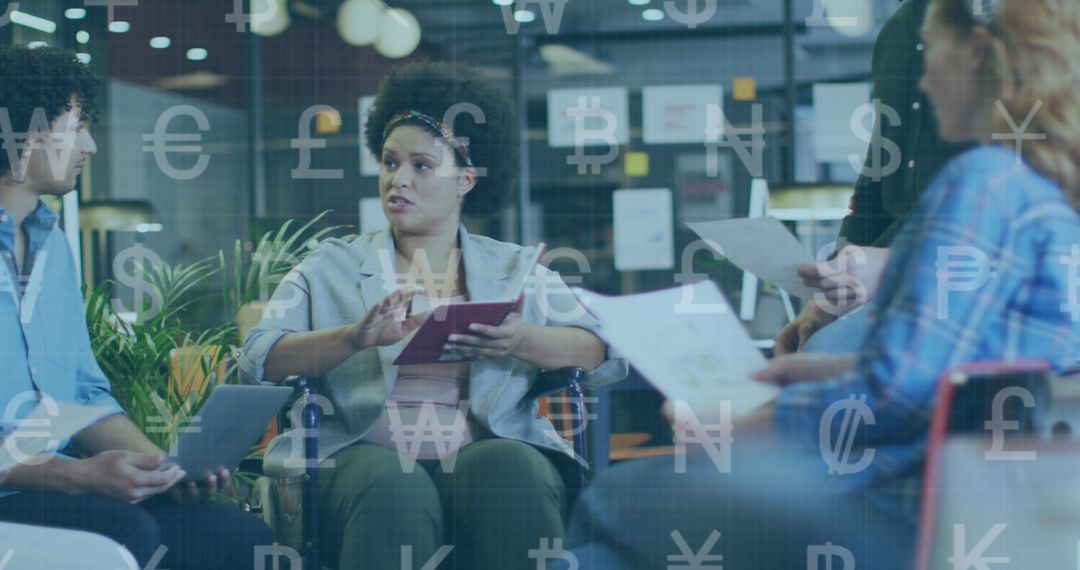 Diverse Team Collaborating in Office with Data Processing Overlay