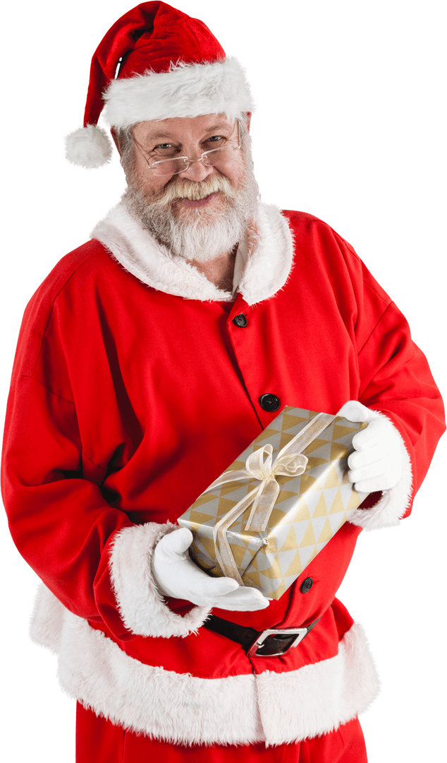 Smiling Santa Claus Holding a Wrapped Christmas Gift Transparent Background
