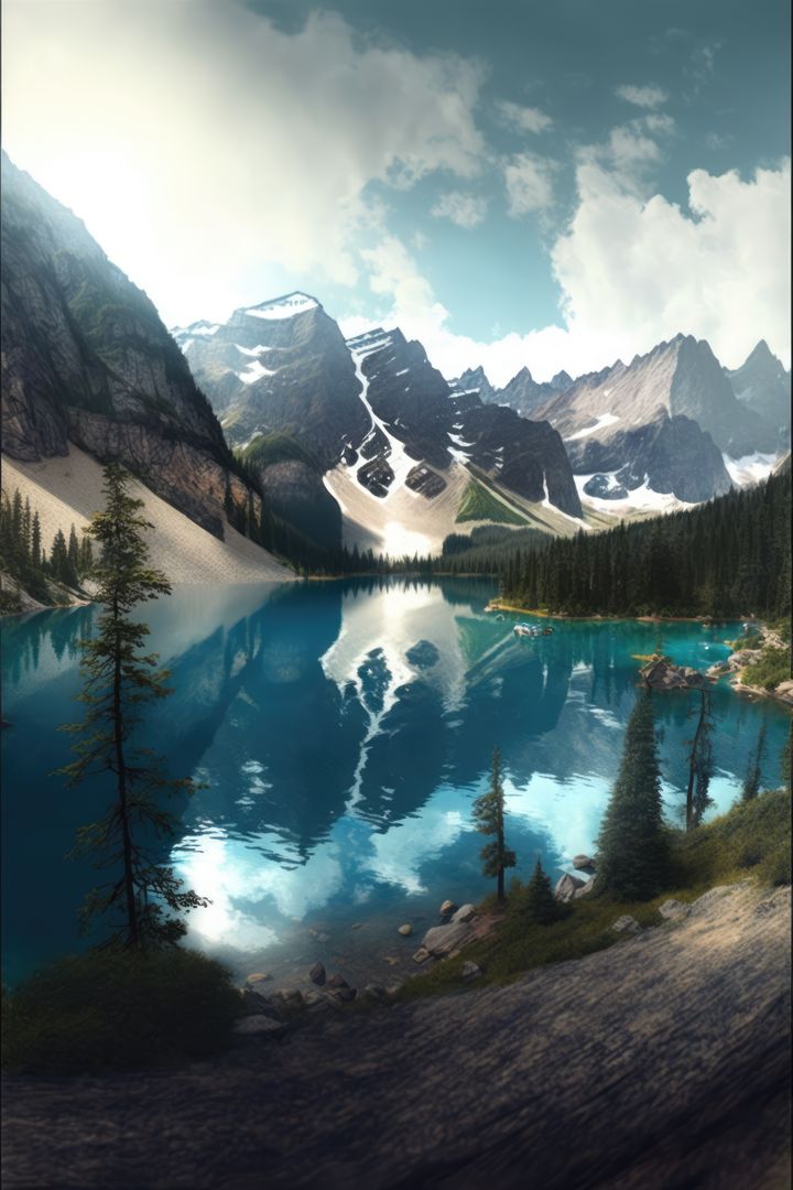 Landscape with mountains, forest and lake created using generative ai technology - Free Images, Stock Photos and Pictures on Pikwizard.com