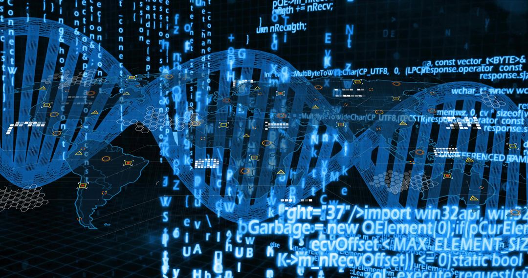 Translucent DNA Helix Twisting Across Holographic Data Grid with Streaming Code Overlay