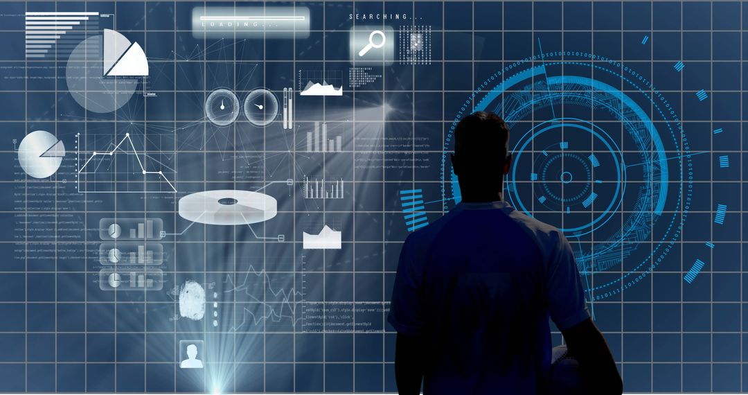 Athlete Analyzing Data on Large Futuristic Display Screen