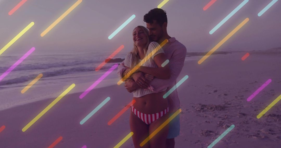 Romantic Couple Embracing on Beach at Sunset with Colorful Overlay