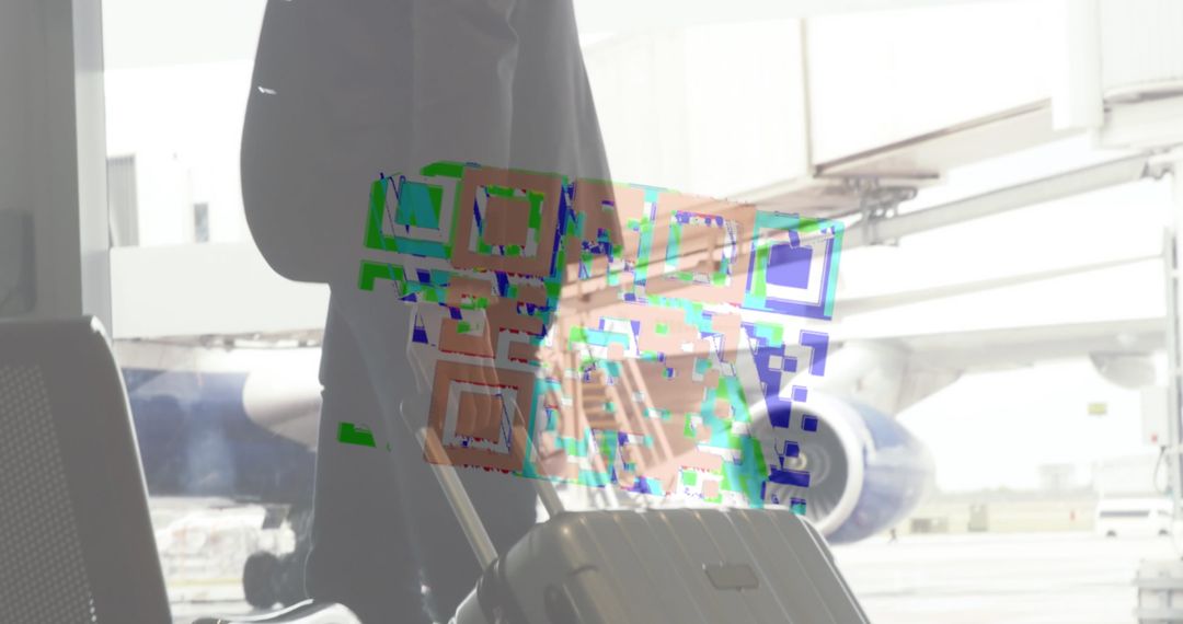 Vibrant QR Code Overlaid on Airport Scene with Traveler
