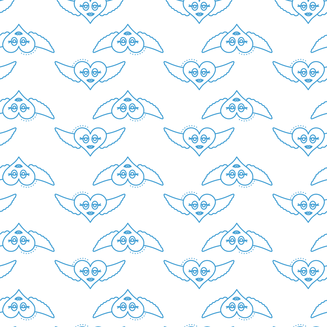 Seamless Pattern with Blue Heart Wing Motifs on Transparent Background