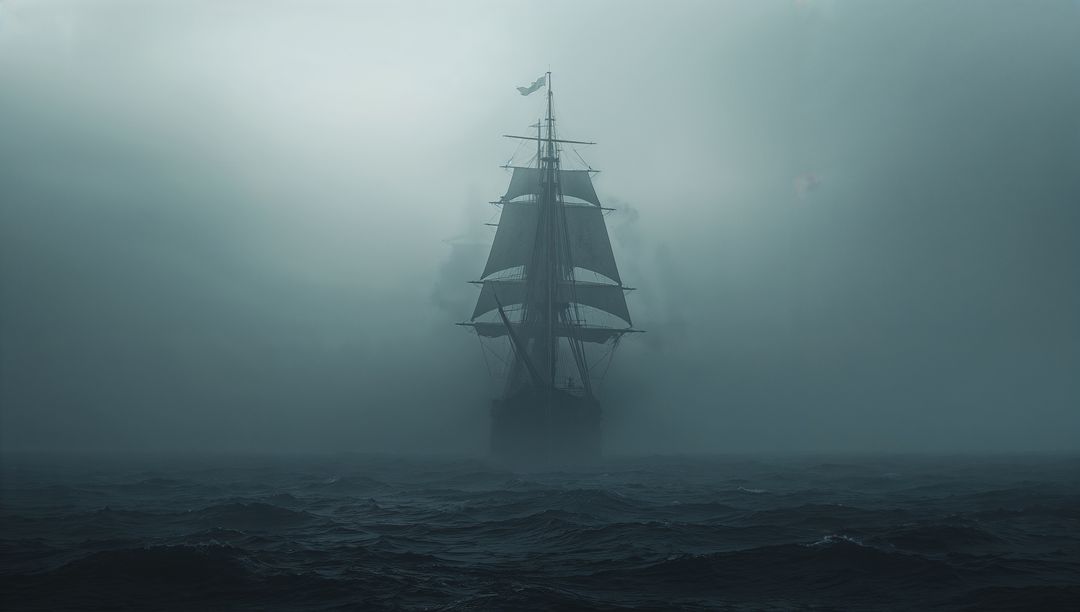 Antique Sailing Ship Navigating Through Dense Fog