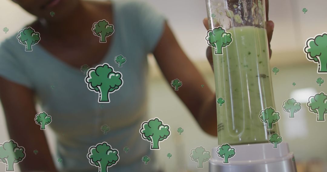 Woman Making Green Smoothie with Digital Broccoli Elements