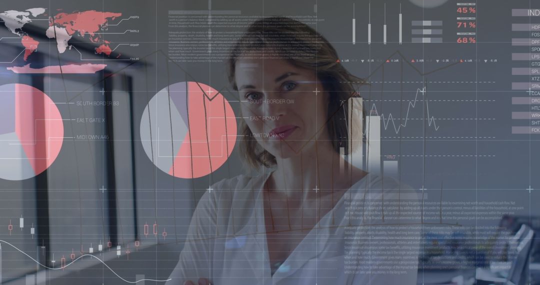 Businesswoman Analyzing Financial Data Interfaces in Modern Office