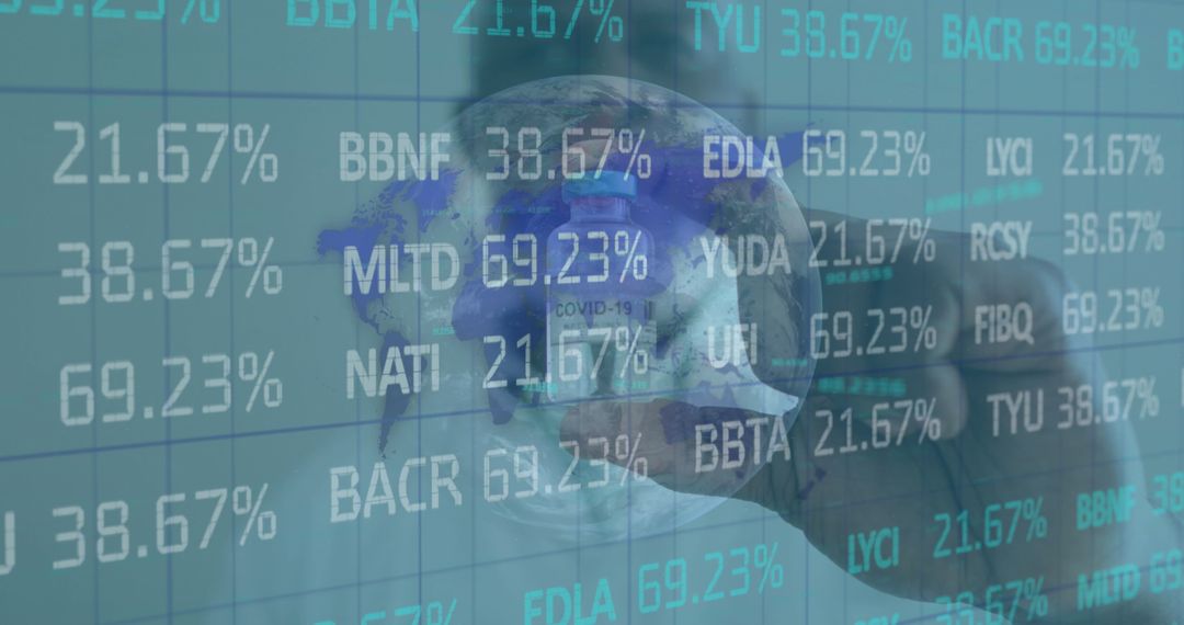 Scientist Examining Virus Model with Digital Data Overlay