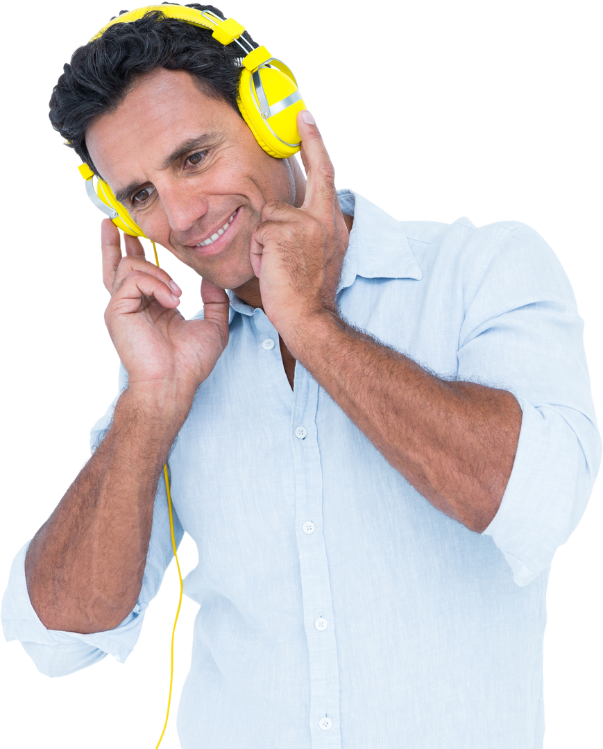 Smiling Mature Man Listening to Music with Yellow Headphones Transparent Background - Download Free Stock Images Pikwizard.com