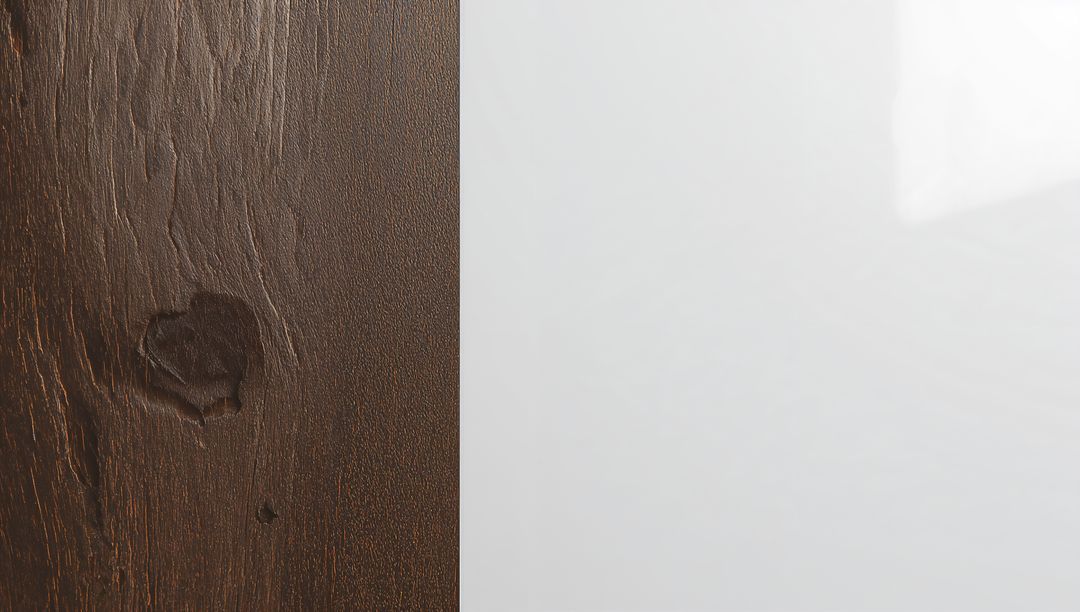 Dark brown wood next to glossy white panel, vertical seam and subtle shine