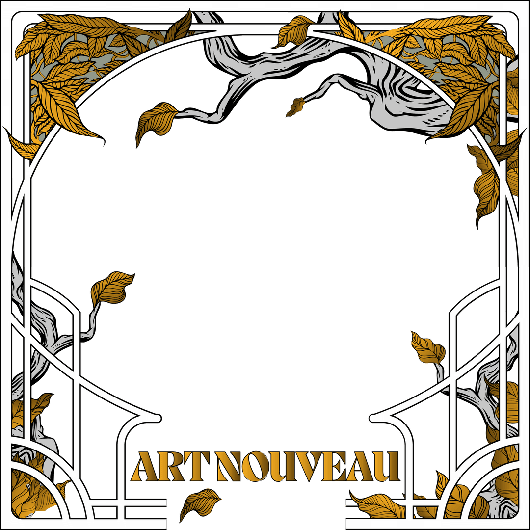 Art Nouveau Frame with Gray Branches and Golden Leaves on Transparent Background