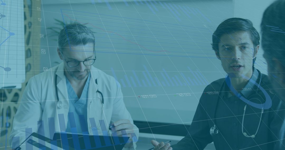 Doctors Analyzing Medical Data with Statistical Graphs Overlay