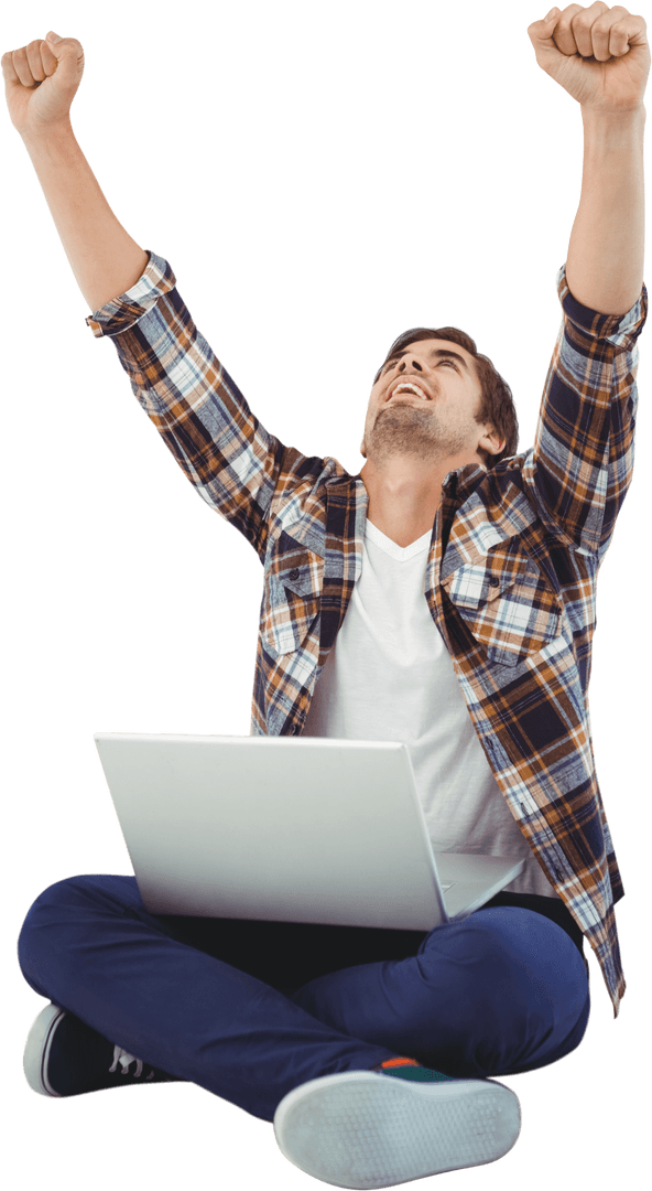 Man Cheering with Laptop in Transparent Background