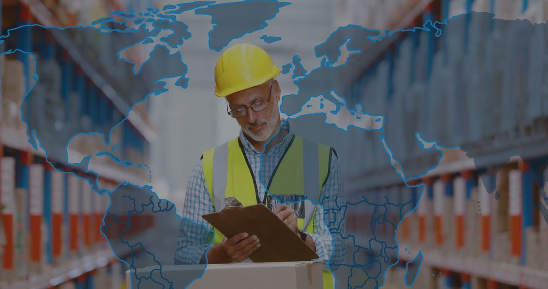 Warehouse Inspector in Hard Hat Checking Inventory with Map Overlay