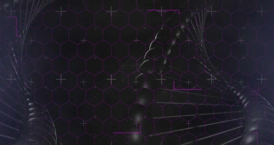 Futuristic DNA Helix with Hexagonal Grid and Digital Elements