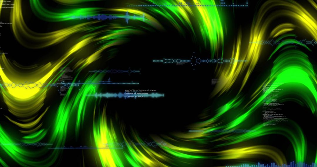 Swirling Neon Green Yellow Vortex with Black Core and Blue Waveform Energy Glow Motion