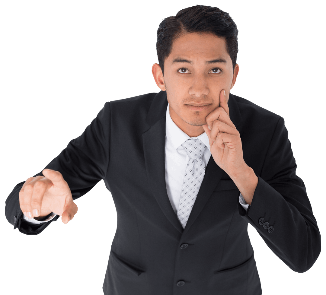 Transparent Thinking Businessman Pointing in Suit, Standing