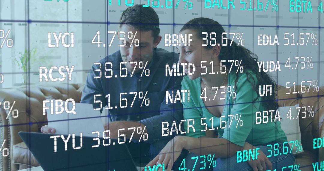 Business Analytics Concept with Caucasian Couple and Digital Interface
