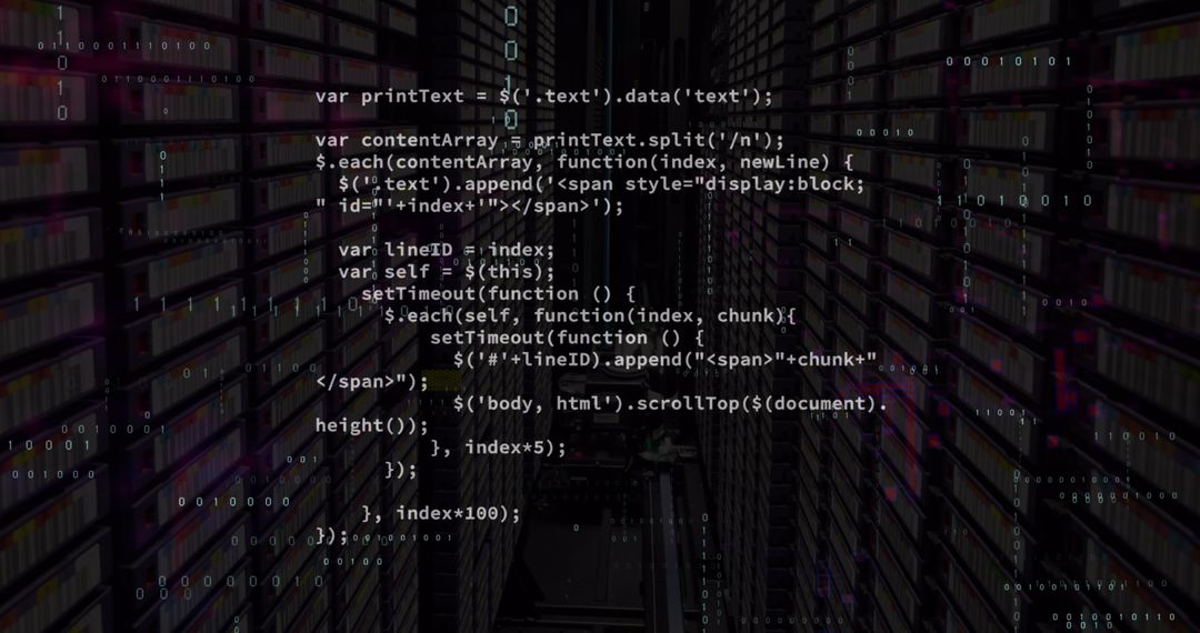 Code Overlay with Background of High-Tech Server Room