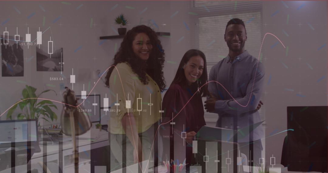 Diverse Professionals Collaborating with Business Statistics Overlay