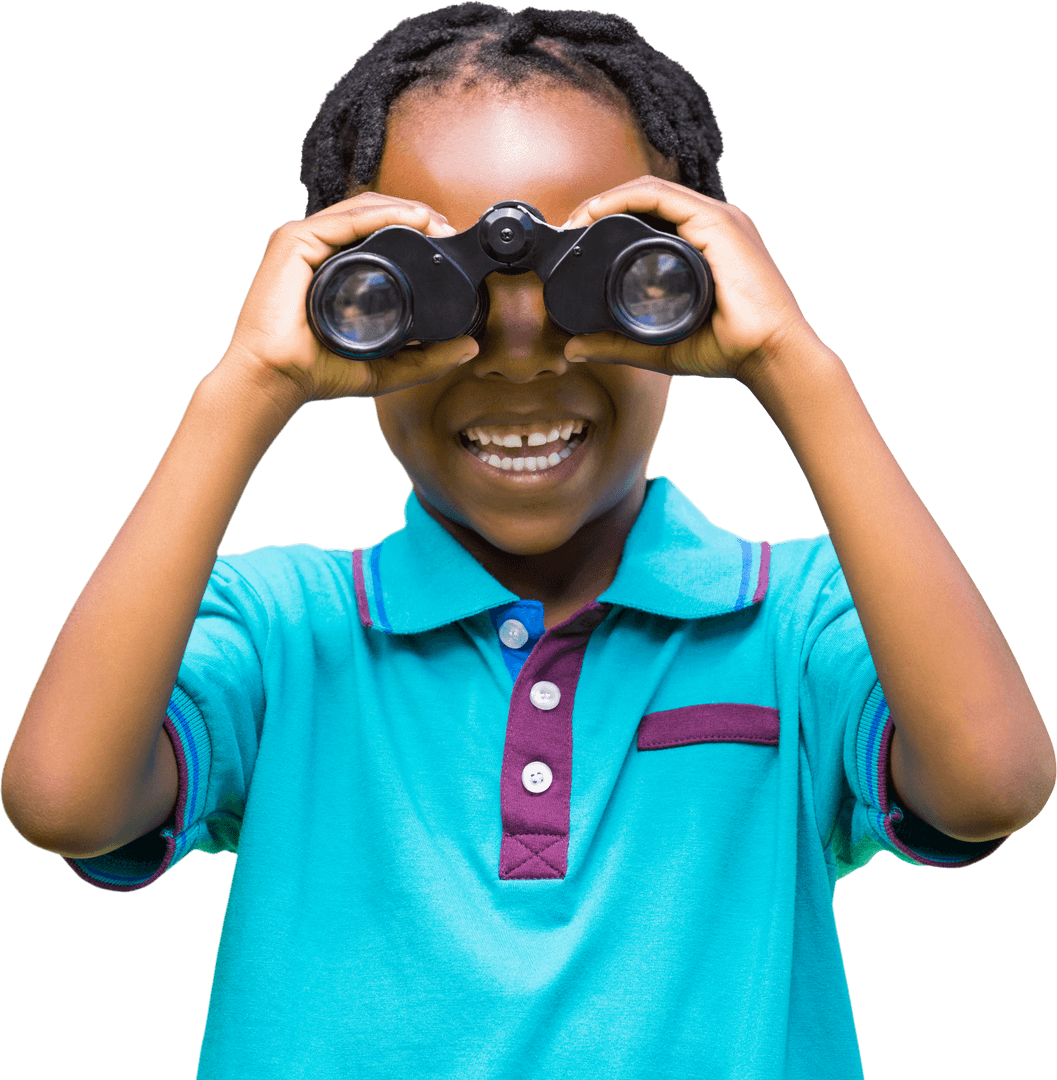 Smiling Boy Looking Through Binoculars on Transparent Background