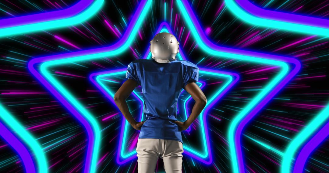 Football Player Standing Confidently Before Neon Star Tunnel