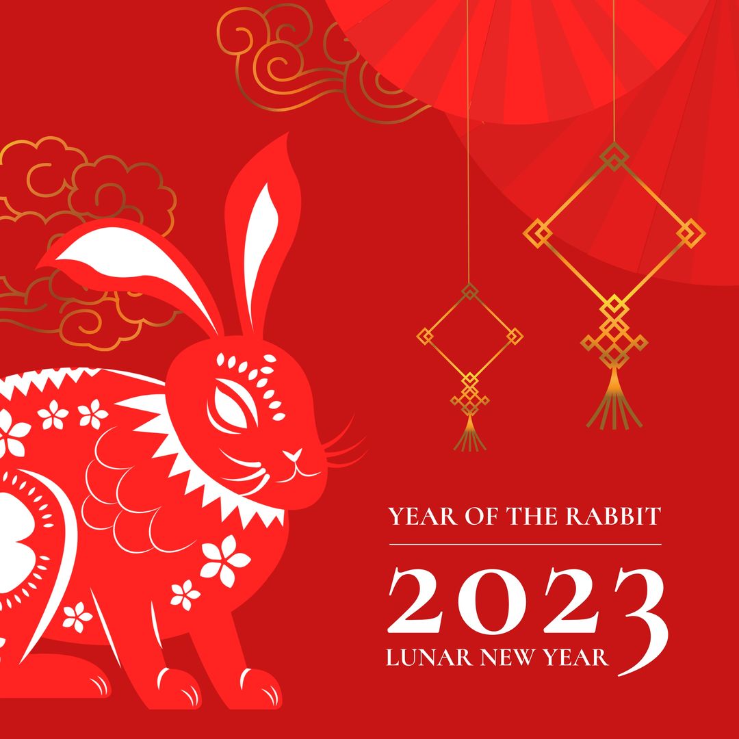 Composition of 2023 lunar new year text over rabbit on red background - Download Free Stock Templates Pikwizard.com