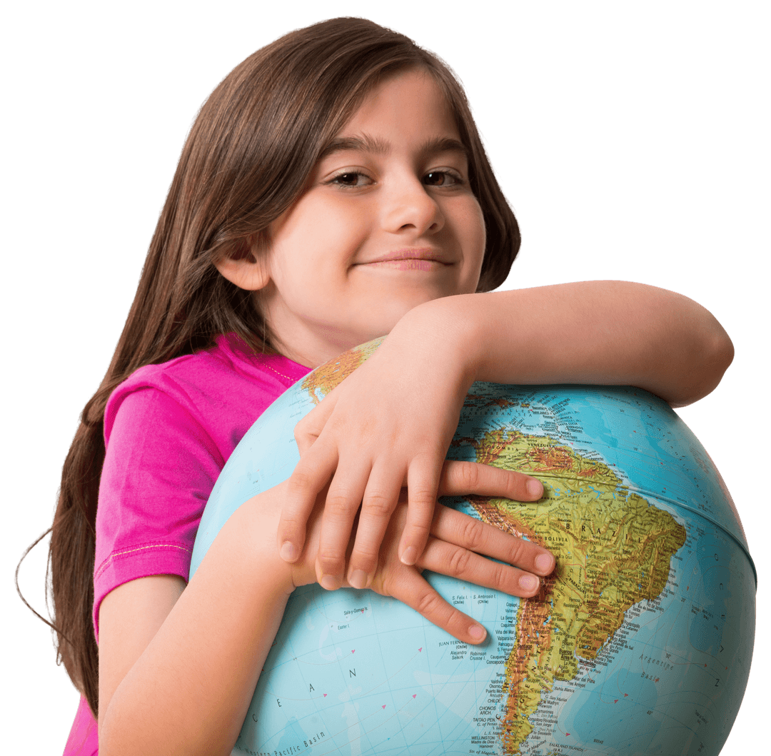 Smiling Girl Hugging Globe with Transparent Background