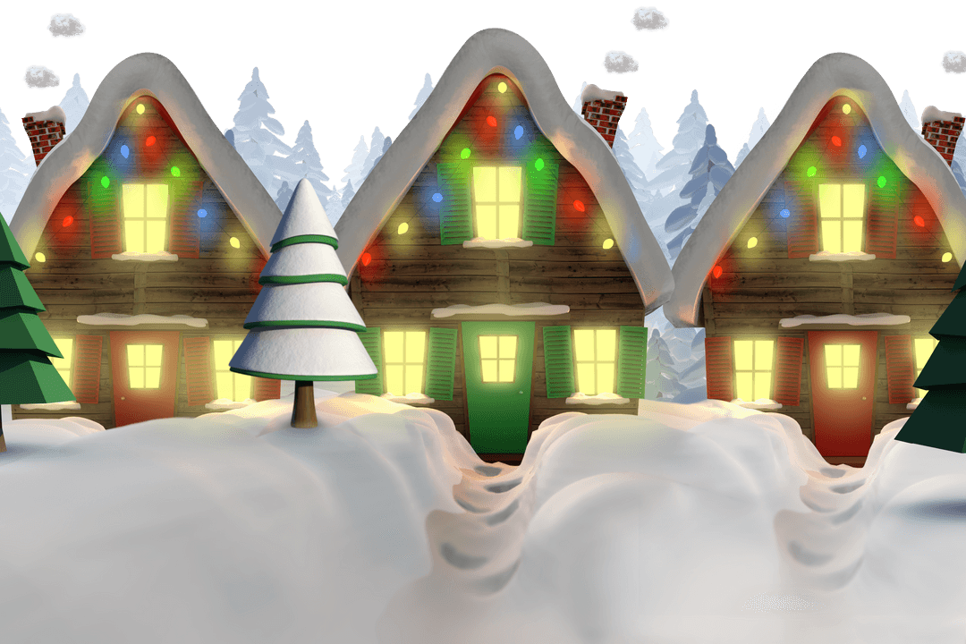 Transparent Winter Cottages with Festive Lights Amidst Snowy Background