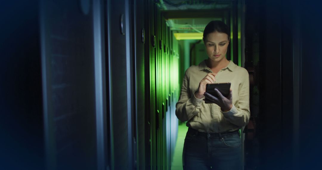 Focused Businesswoman Using Digital Tablet in Dark Server Room