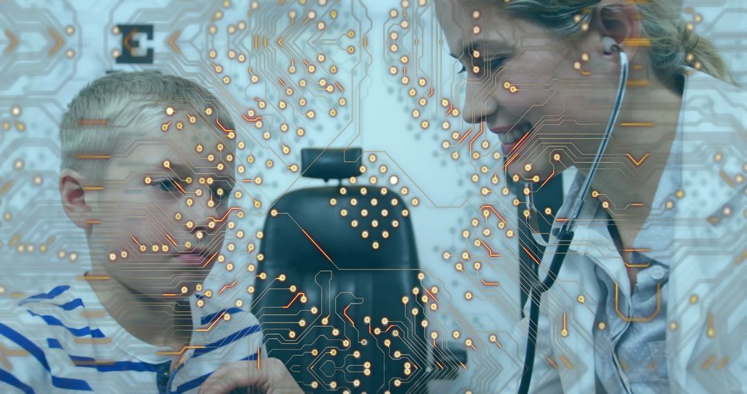 Futuristic Healthcare: Doctor Examines Child Over Microprocessor Background