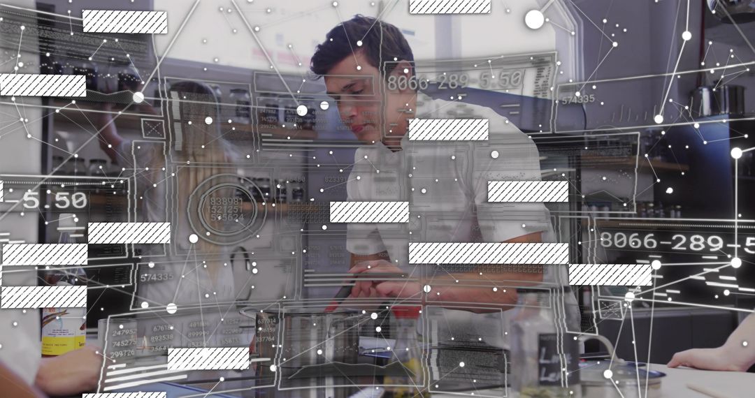 Chef leaning at prep table using utensil with futuristic HUD overlay in commercial kitchen