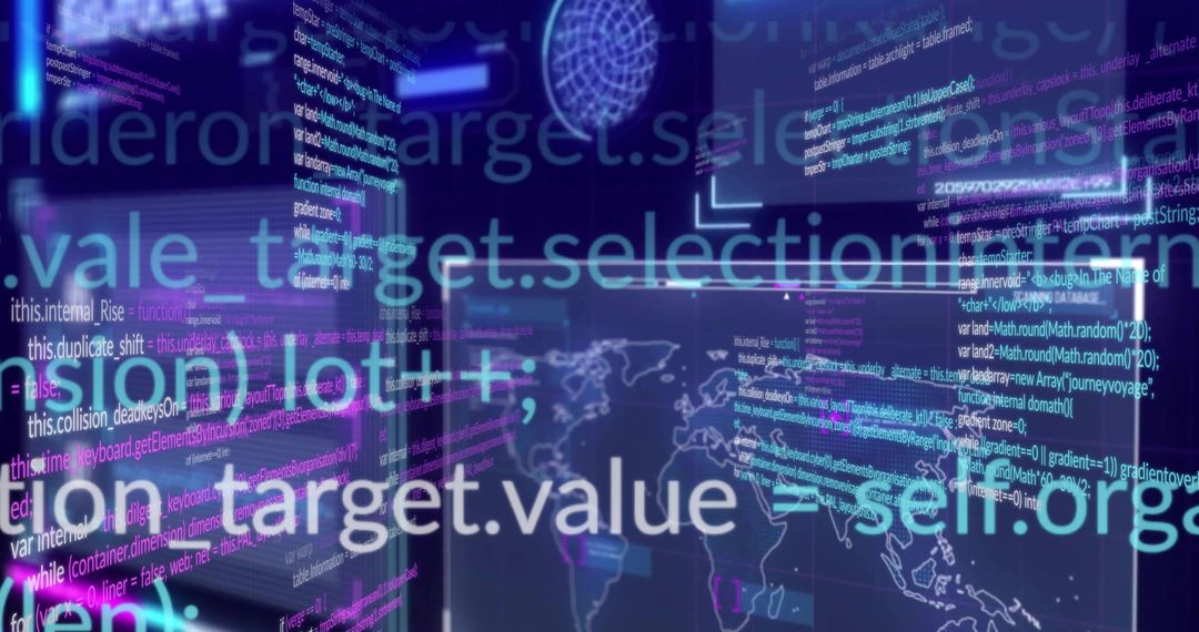 Holographic Code Dashboard Showing Floating Panels, World Map Projection, Wireframe Globe