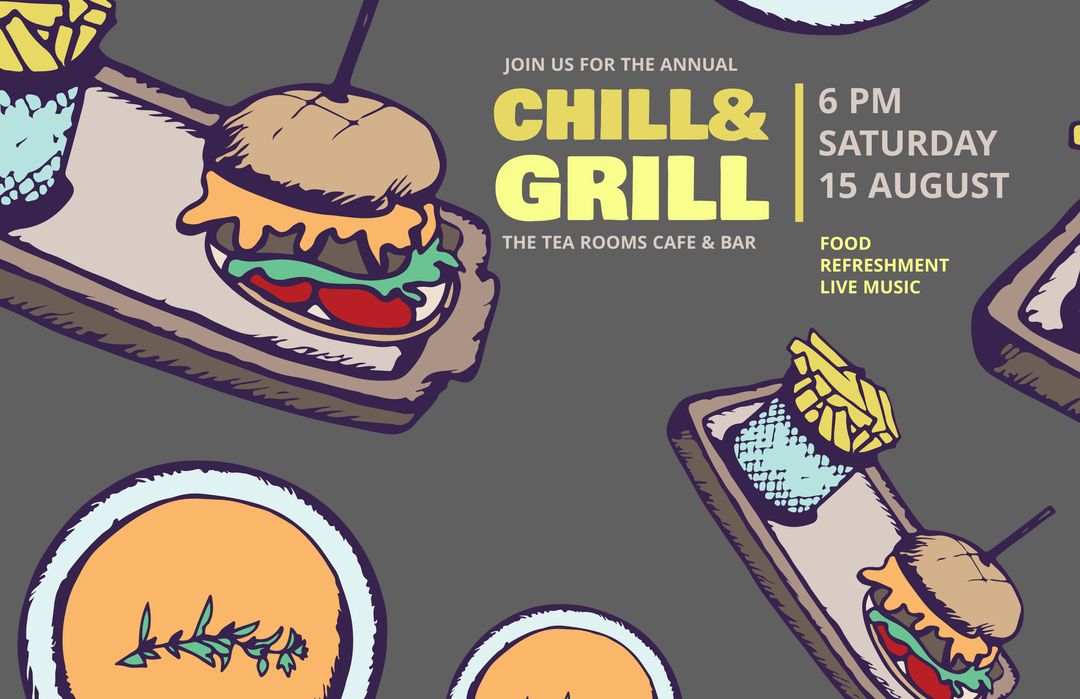 Chill and Grill Event Invitation with Burgers and Snacks