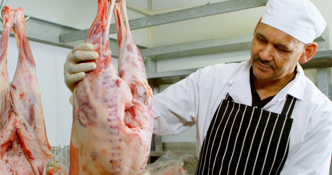 Butcher Inspecting Freshly Slaughtered Meat at Processing Plant - Free Images, Stock Photos and Pictures on Pikwizard.com