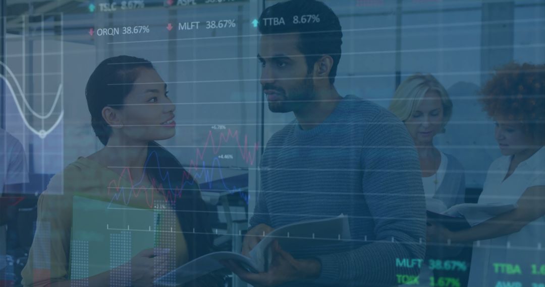 Colleagues Analyzing Stock Data Documents in Modern Office Environment