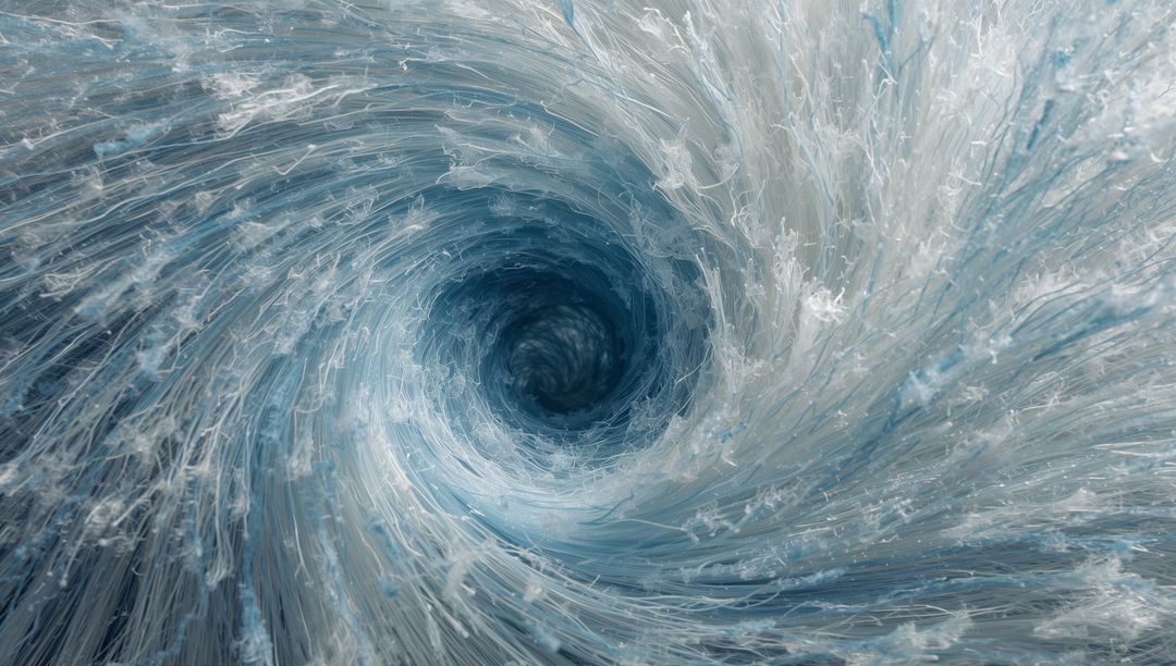 Swirling Icy Vortex of Filament Water Pulling into Dark Ocean Whirlpool, Abstract Spiral