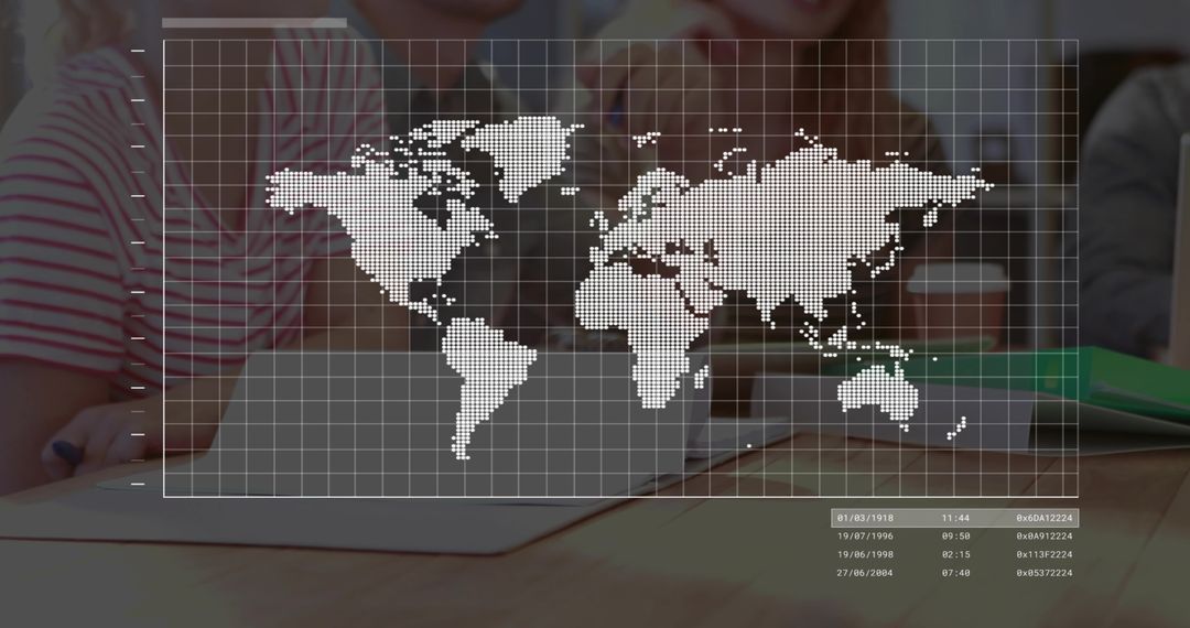 Dotted World Map Overlay on Collaborative Workspace Grid for Global Teamwork