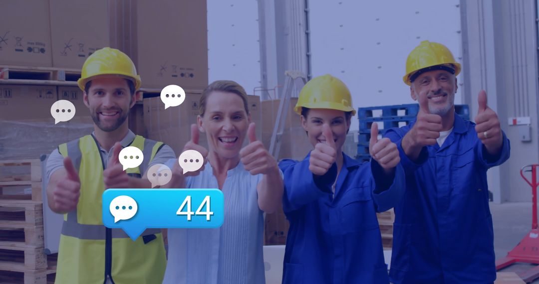 Happy Construction Team Showing Thumbs Up with Digital Media Icons