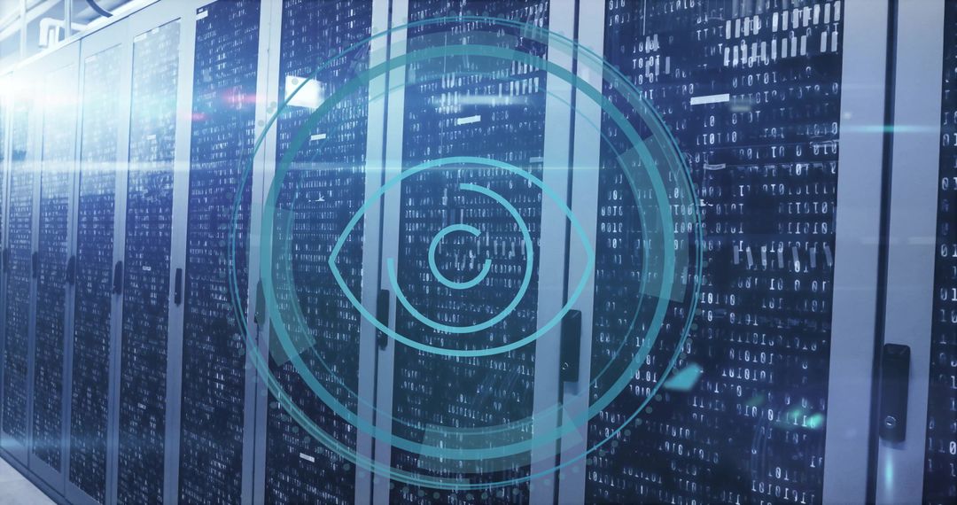 Digital Eye Symbol with Data Processing on Server Towers