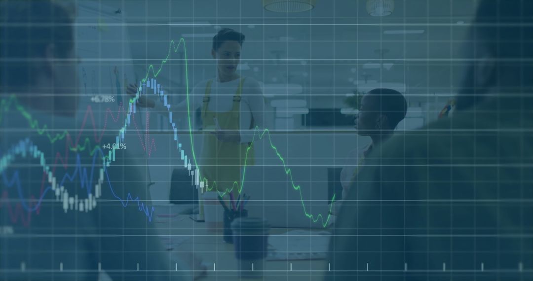 Diverse Team Analyzing Financial Data with Innovative Technology Overlay