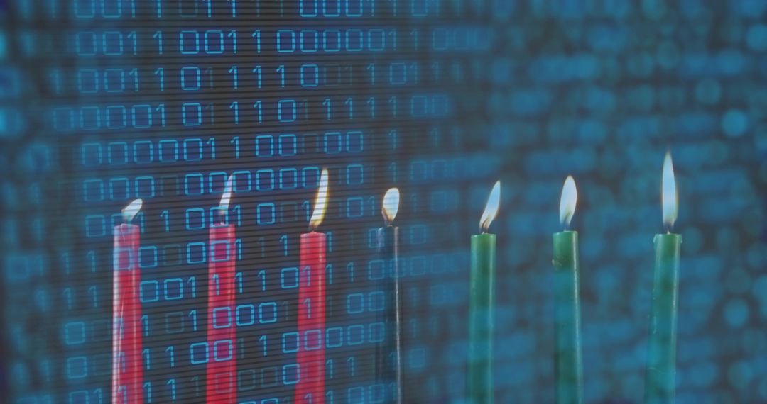 Kwanzaa Kinara Candles Flickering with Binary Code Overlay for Modern Tech Celebration