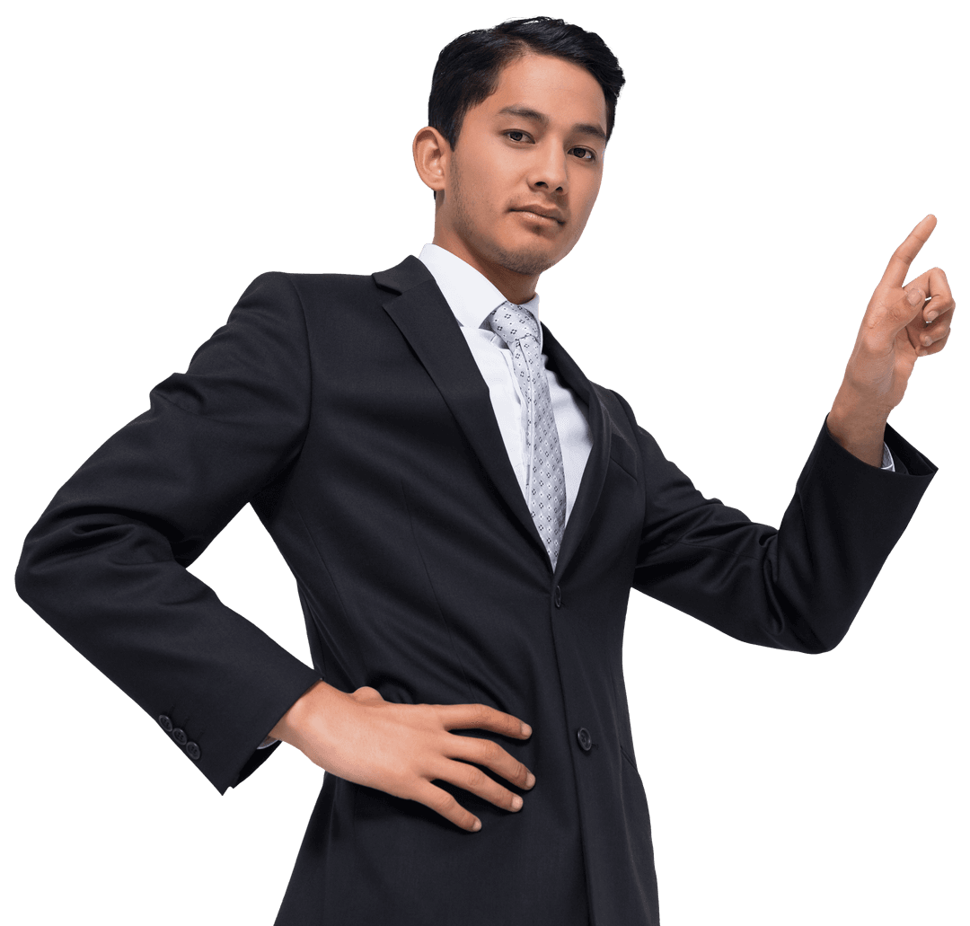 Confident Asian Businessman Pointing Finger on Transparent Background
