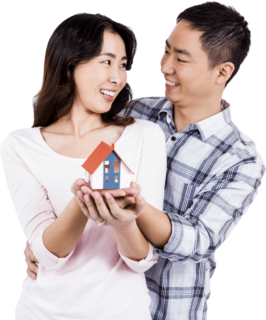 Transparent Cheerful Couple Holding Model House Symbolizing New Home