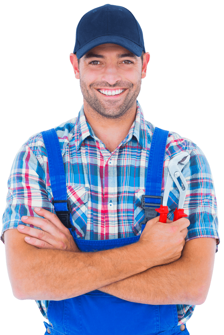 Laughing Repairman in Blue Overalls Holding Pliers Transparent Background