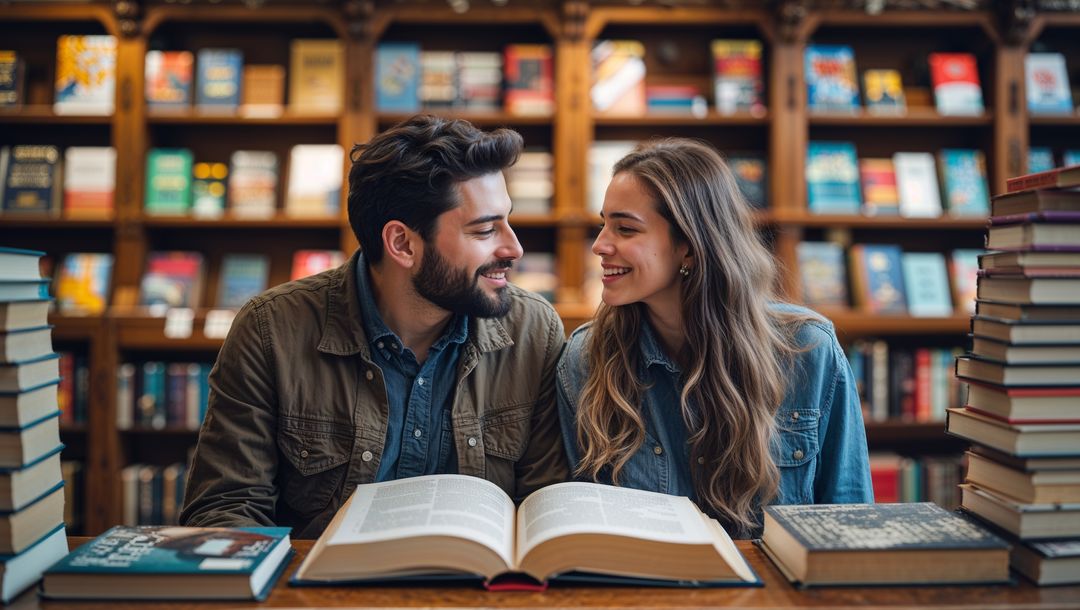 Young lovers studying together in a library surrounded by books
