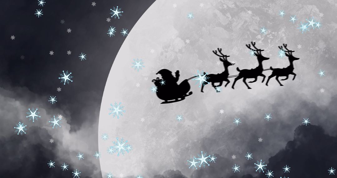 Silhouette of Santa's Sleigh Flying Past Full Moon with Snowflakes - Free Images, Stock Photos and Pictures on Pikwizard.com